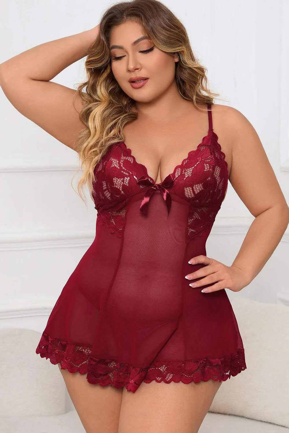 Plus Size Lace Detail Spaghetti Strap Lounge Dress Wine Sleep Dresses - Tophatter Daily Deals